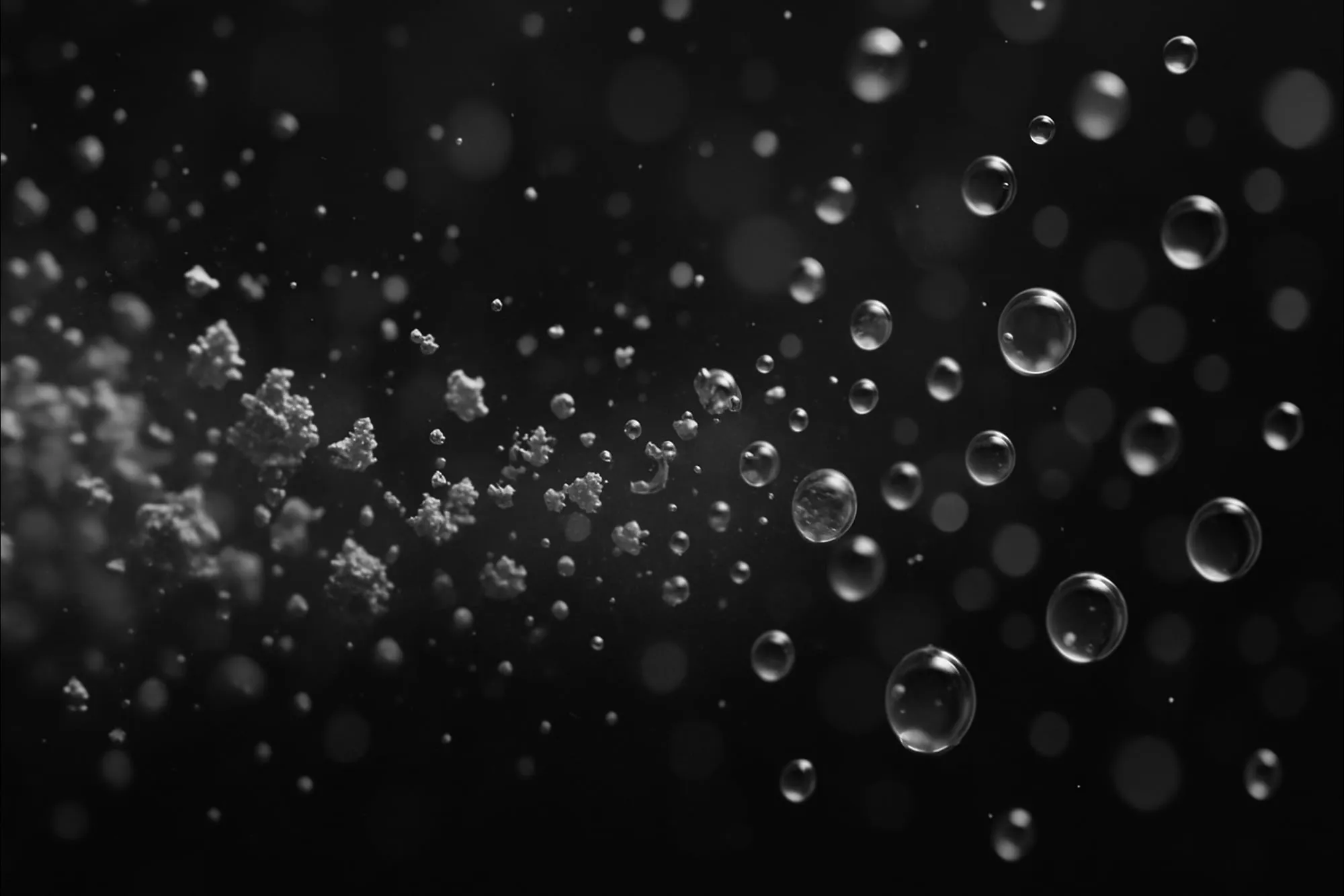 Black and white image of fine powder particles on the left giving way to spherical droplets drifting to the right, against a dark background.